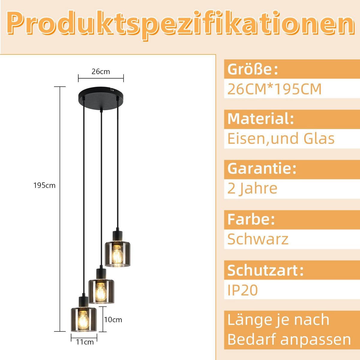 PENDELLEUCHTE Klassik 3-flammig 26/26/195 cm - Grau, Glas (26/26/195cm) - Nettlife