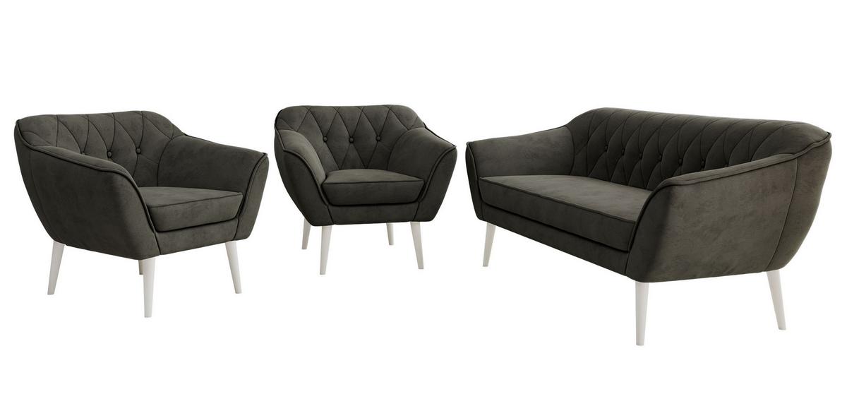 SITZGARNITUR PIRS 3+1+1 - Dunkelgrau Velvet - Weiße Beine - Dunkelgrau/Weiß, Holzwerkstoff/Textil (180/75/74cm) - MKS