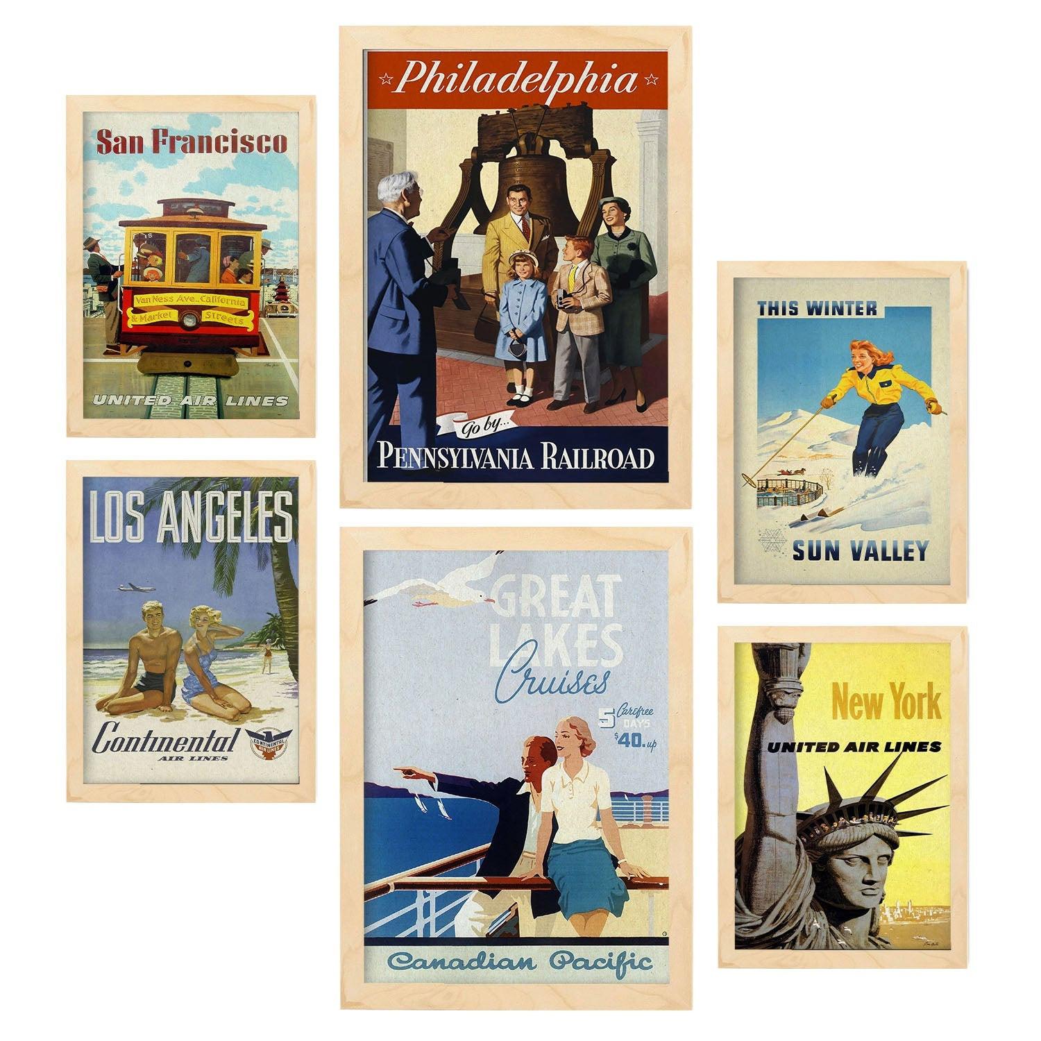 POSTER Set Mit 6 Vereinigte Staaten Vollfarbige Illustrationen Von Vintage Tourismus Werbetafeln Aus Der Ganzen Welt A3 & A4 Rahmen Aus Hellem Holz - Beige, Papier (29/3cm) - Nacnic