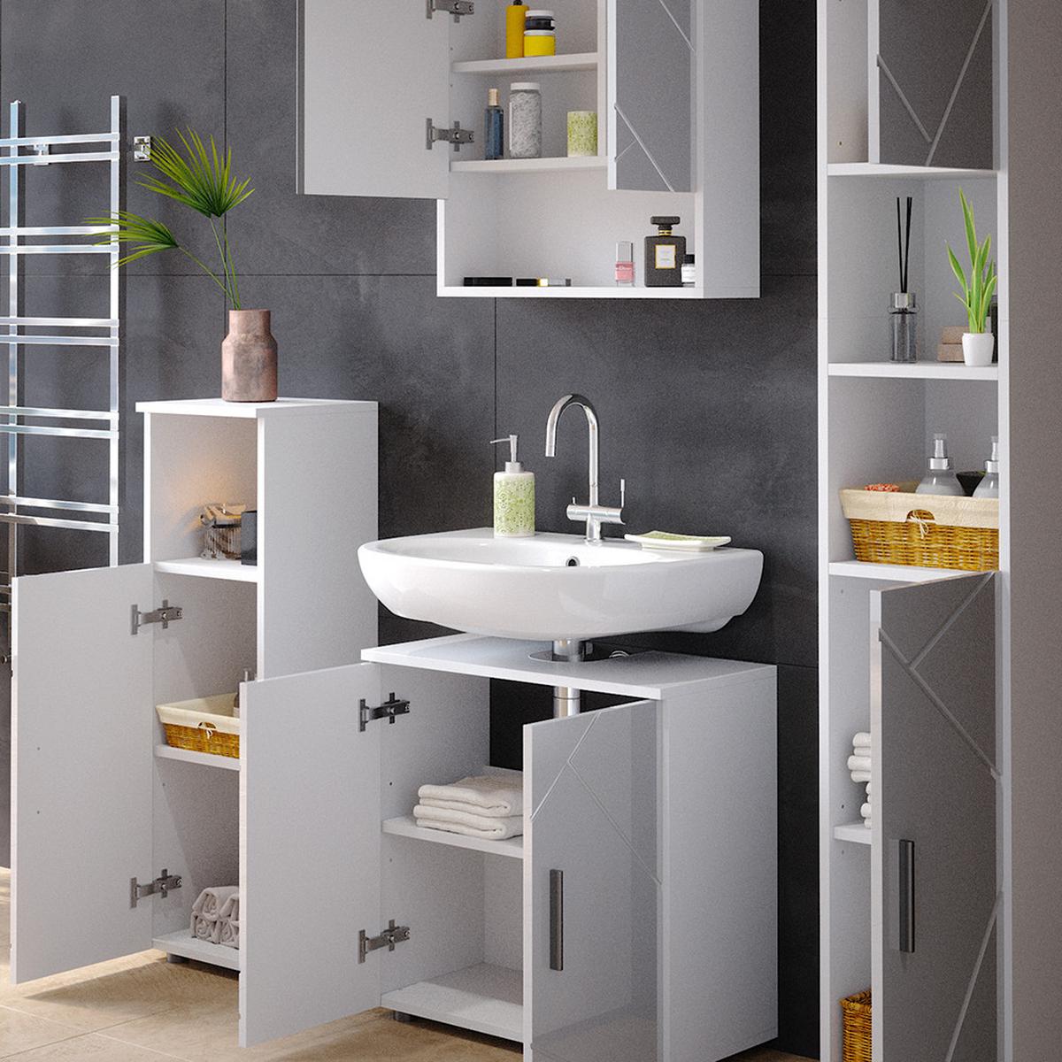 BADMÖBEL-SET Ronco Weiß Hochglanz 4 Teile, mit Hochschrank - Weiß Hochglanz, Holzwerkstoff (60/192/30cm) - Livinity®