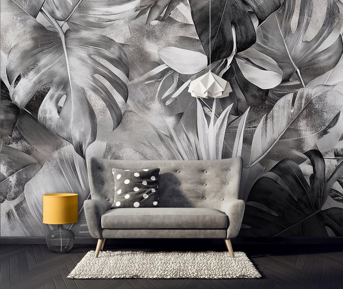 FOTOTAPETE Monstera Blätter Schwarz Weiß 300x210 - Multicolor, Papier (300/210cm) - Wallarena
