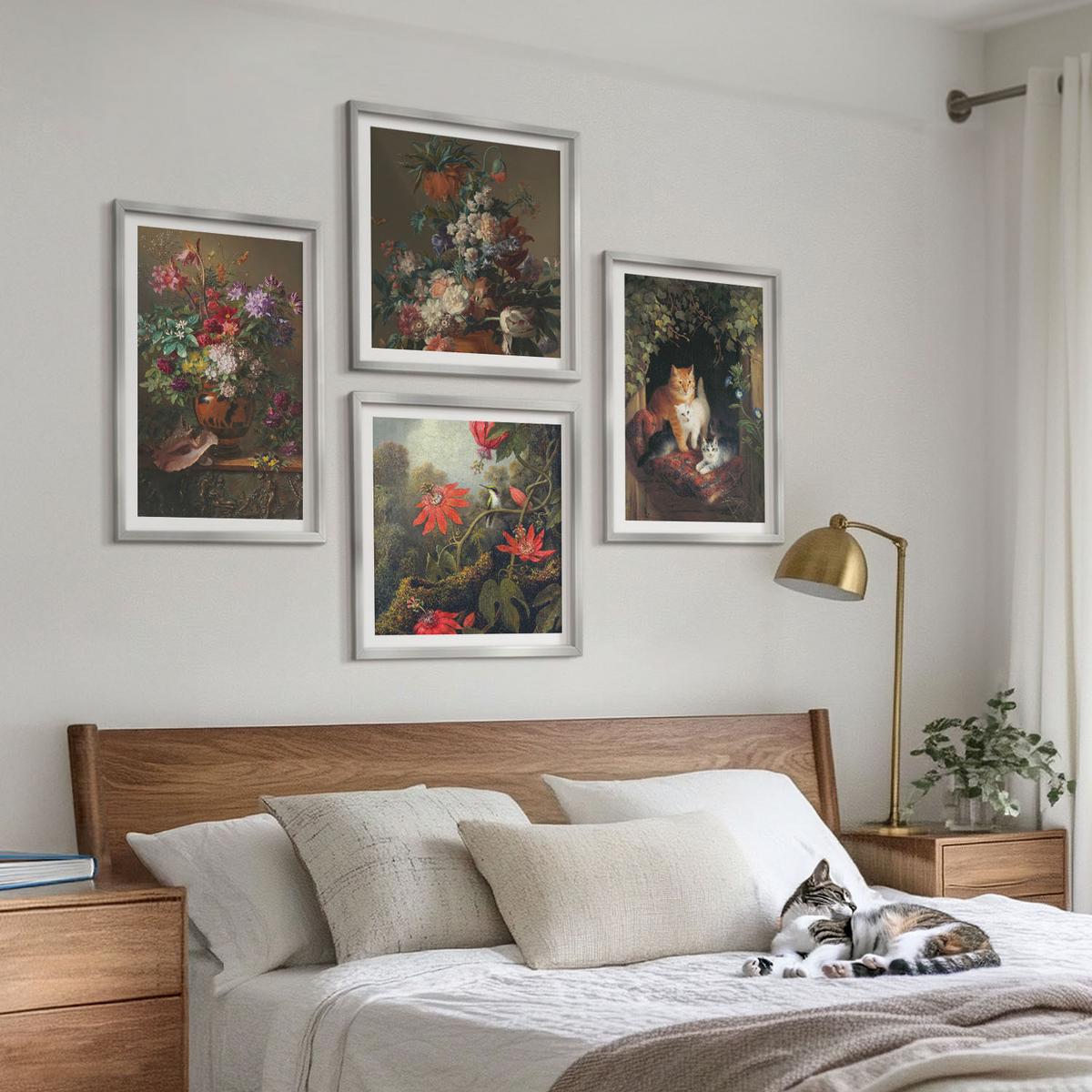 BILDER SET 4er Set - 50x50 cm & 40x60 cm Silberner Rahmen - Vintage-Blumen, Katzen, Pflanzen - Silberfarben, Kunststoff (50/50cm) - TULUP