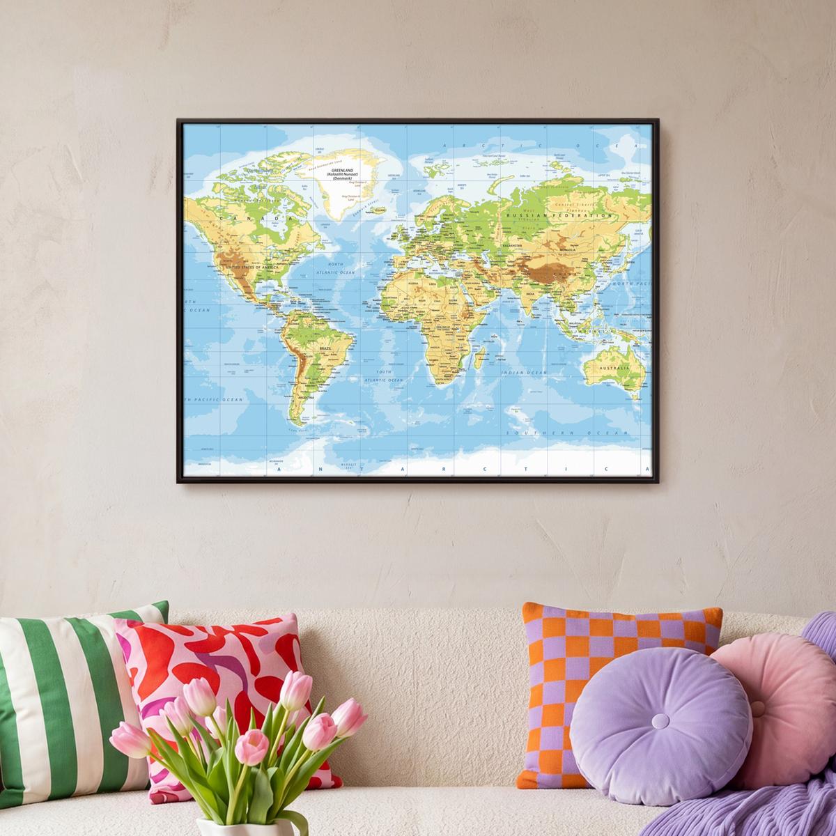 LEINWAND Bilder mit Rahmen - Weltkarte - Statistisch - Blau - Erde - Bildung - 80x60 - Blau, Textil (80/60cm) - MuchoWow