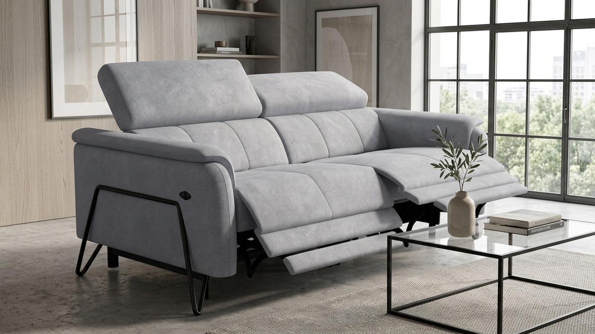 RELAXSOFA RODEN 3-Sitzer mit 2 Relax, hellgrau, Veloursstoff - Hellgrau, Holz/Textil (194/82/103cm) - Wozimo