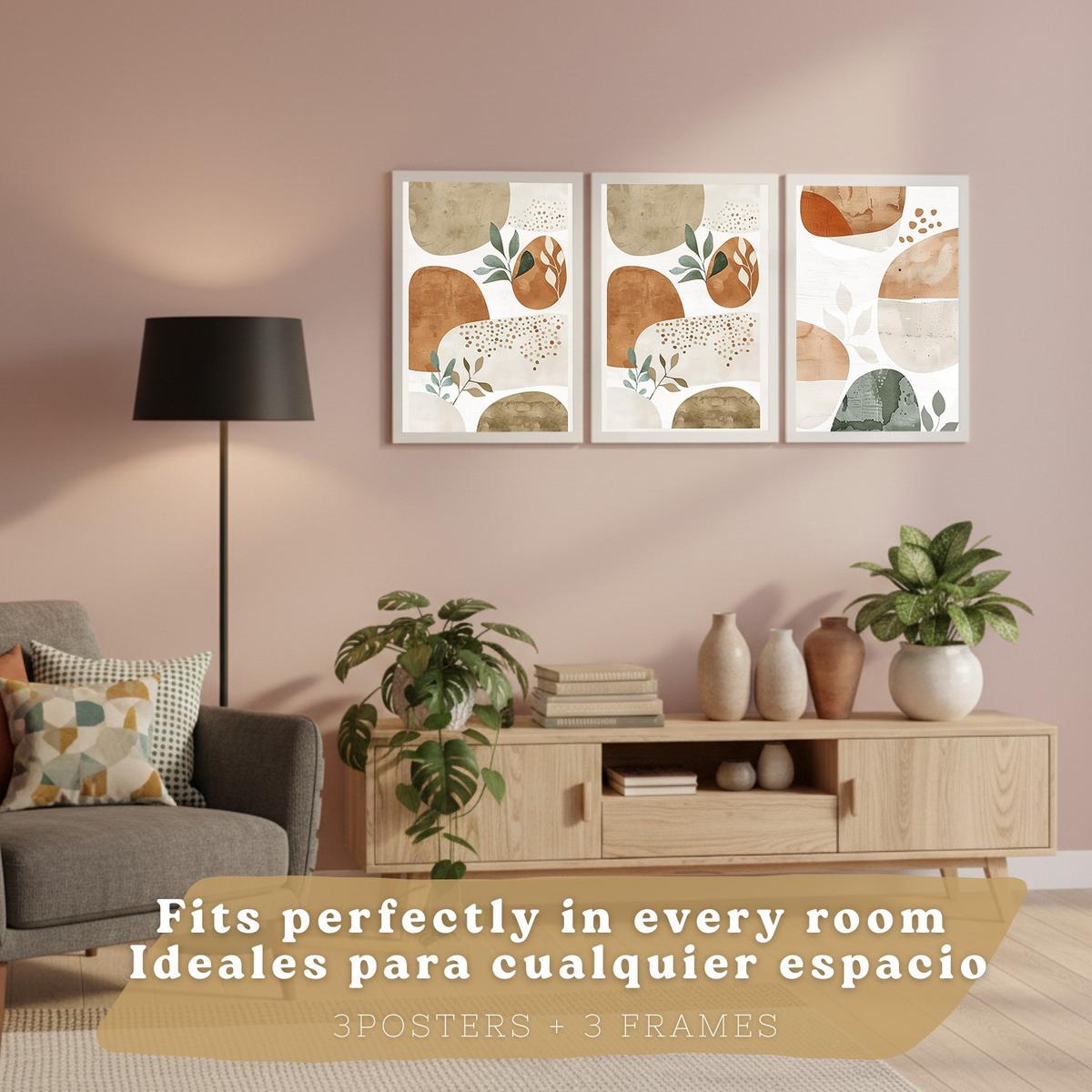 POSTER 3er Kunstdruck-Set Wandbilder Pflanzen Abstrakt Grün Braun modern Wohnzimmer Deko, Schlafzimmer, Küche, Badezimmer Weißer Rahmen A4 - Weiß, Papier (29.7/1/21cm) - Nacnic