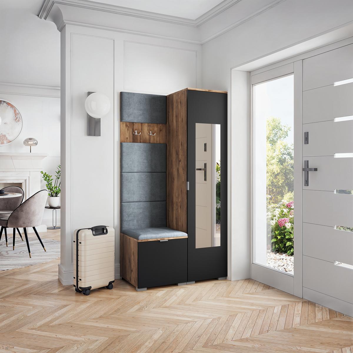 GARDEROBENSCHRANK VIRA 95/181/51 cm Modern Garderobe-Set Eiche Lefkas - Eichefarben/Schwarz, Holzwerkstoff (95/181/51cm) - MASSENO