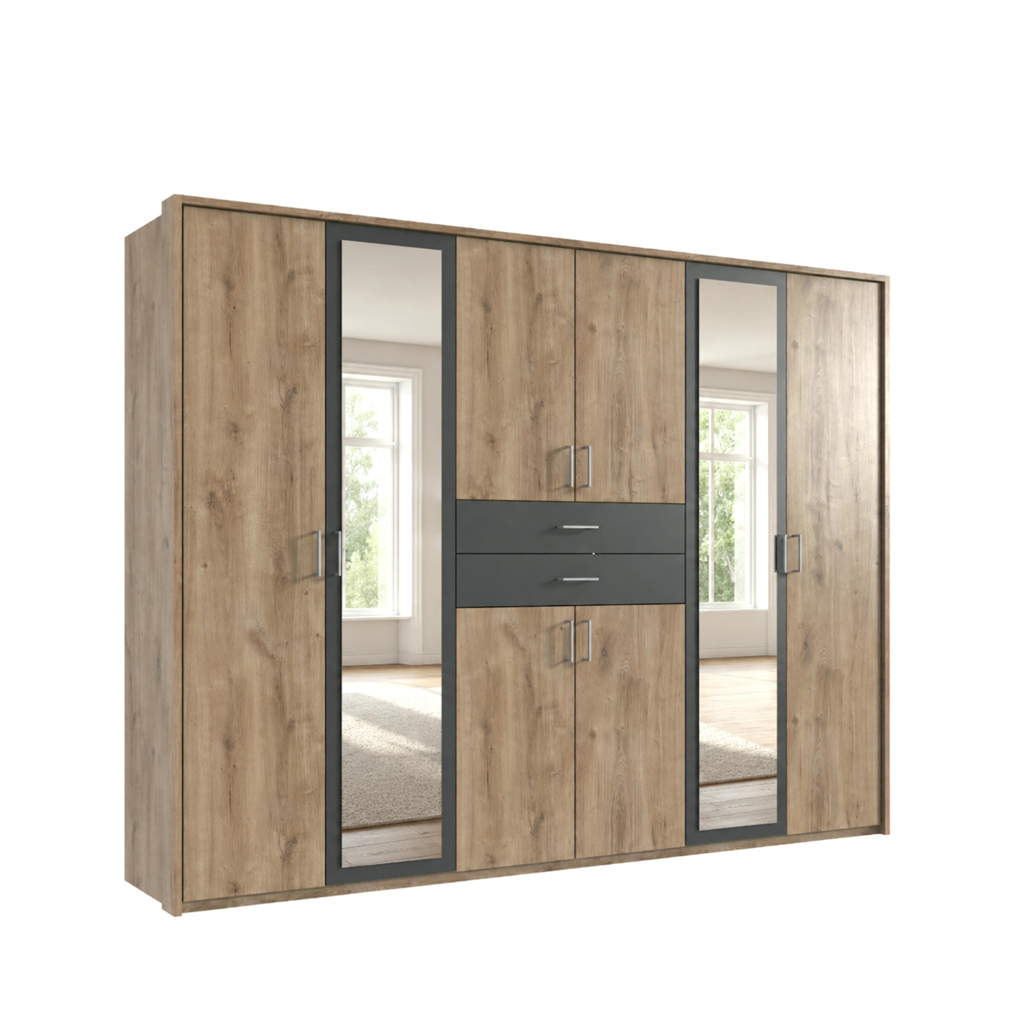 DREHTÜRENSCHRANK Kleiderschrank B273/H210/T58 cm mit Passepartout, Schubkästen & 2 Spiegeltüren, Eiche Dekor mit Absetzungen in Grafit / 22603 - Eichefarben/Silberfarben, Holzwerkstoff/Kunststoff (273/210/58cm) - luma-home