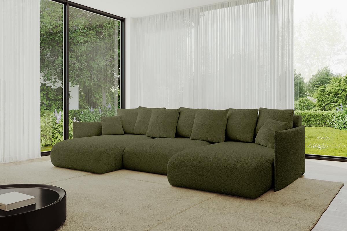 WOHNLANDSCHAFT mit Schlaffunktion und Bettkasten ONESK-U 317x177x72 Grün Bouclé - Olivgrün, Holzwerkstoff/Kunststoff (317/72/177cm) - ALTDECOR