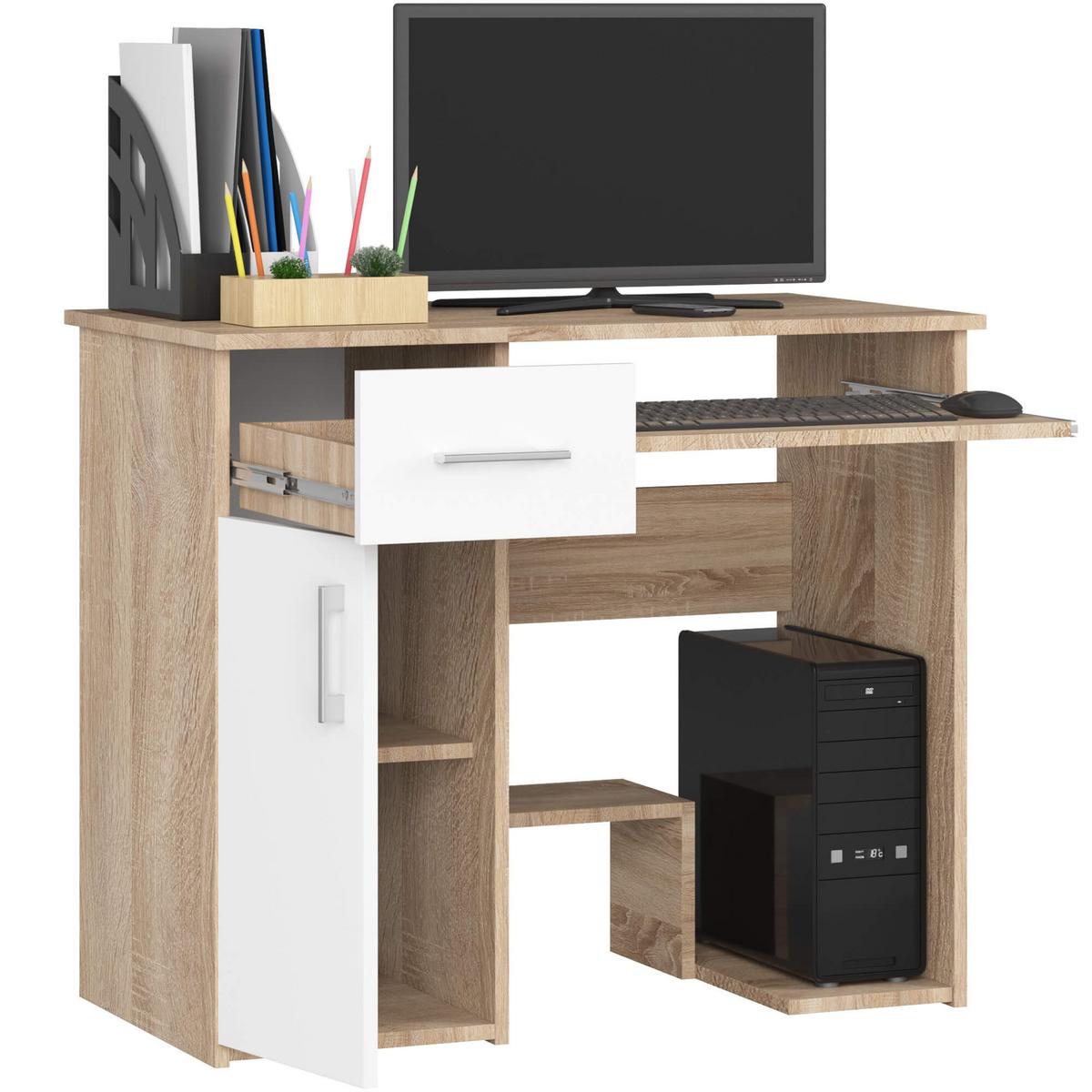 SCHREIBTISCH Eiche Sonoma, Weiß 74/90/50 - Weiß, Holzwerkstoff (90/50/74cm) - RAUMHIRSCH FURNITURE
