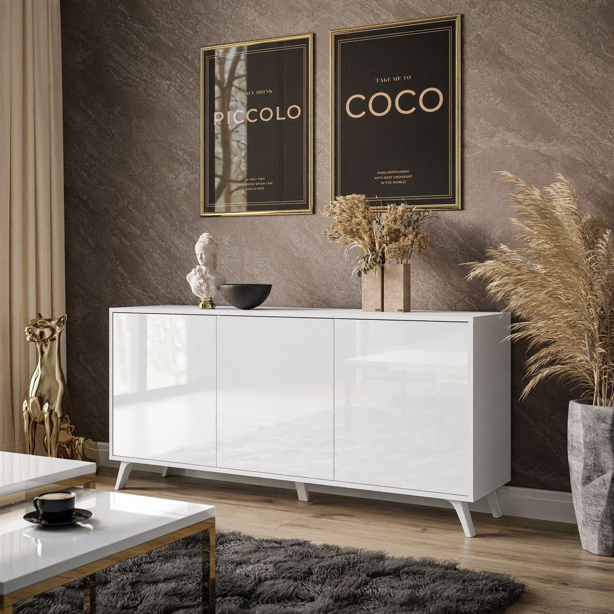 SIDEBOARD SANAYI auf weißen Beinen, Hochglanz Weiß/Weiße Beine - Weiß, Holzwerkstoff (154/72/40cm) - Lookway