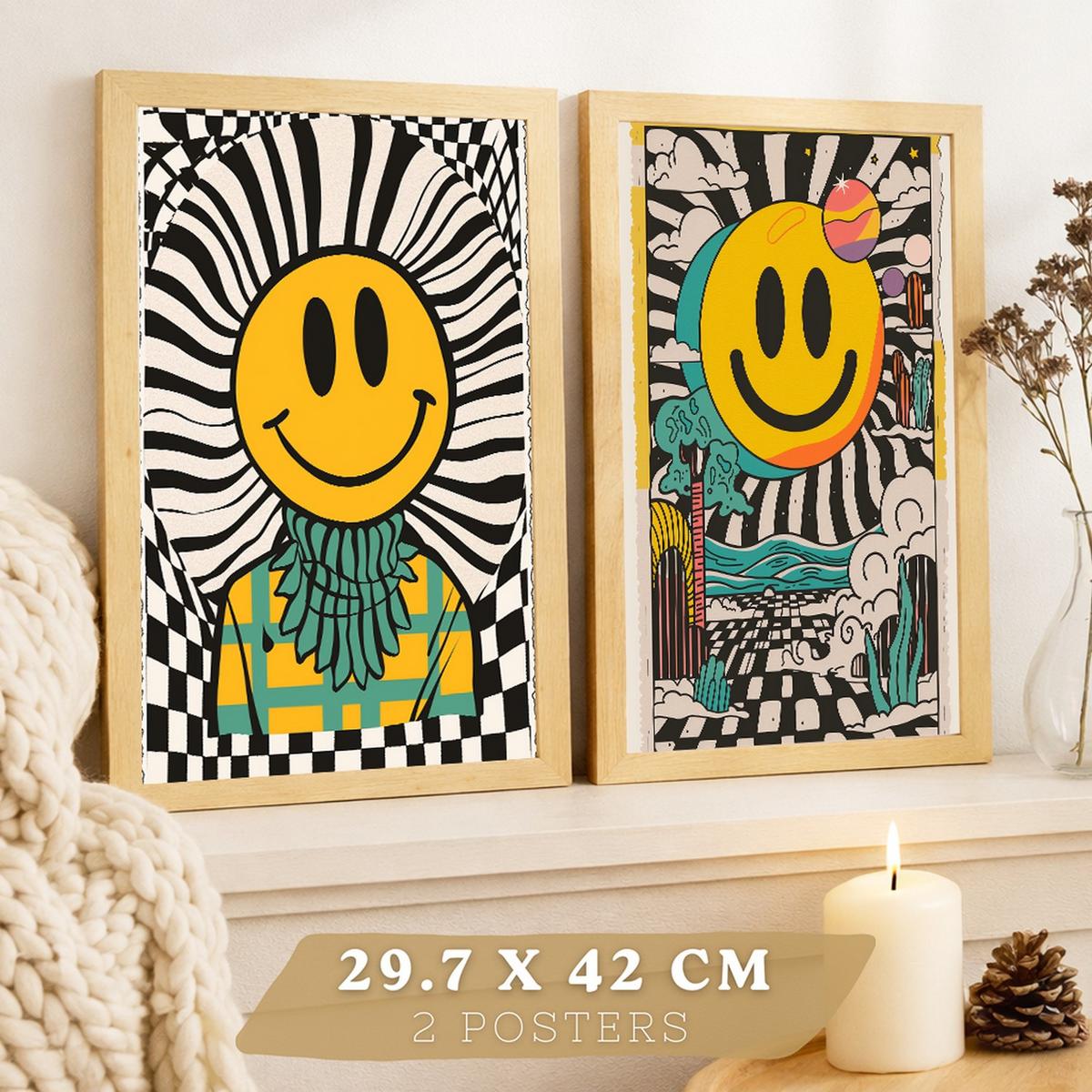 POSTER 4er Kunstdruck-Set Wandbilder Smiley Emoji modern Wohnzimmer Deko, Schlafzimmer, Küche, Badezimmer Rahmenlos A3 - Klar, Papier (29.7/1/42cm) - Nacnic