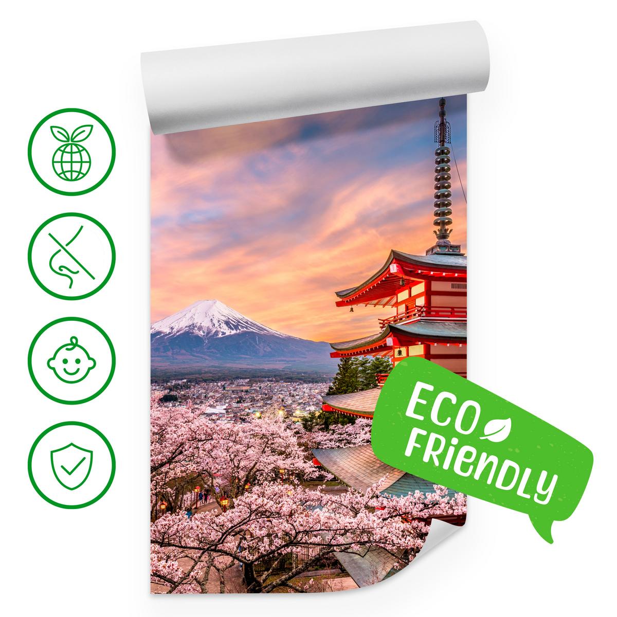 FOTOTAPETE für Wohnzimmer Japanische Pagode Frühling Sonnenuntergang 300x210 - Rot/Violett, Papier (300/210cm) - Muralo