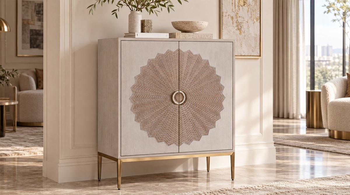 HIGHBOARD LUCIA Weiß Eiche - Goldfarben/Weiß, Holz/Metall (90/116/40cm) - KAWOLA