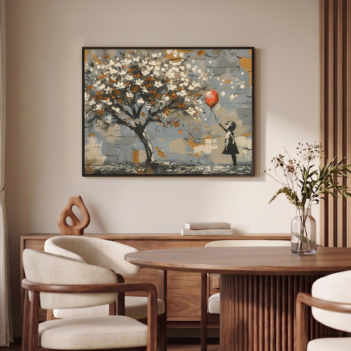 LEINWAND Bilder mit Rahmen - Baum - Graffiti - Banksy-Stil - Ballon-Mädchen - 100x70 - Blaugrau, Textil (100/70cm) - MuchoWow