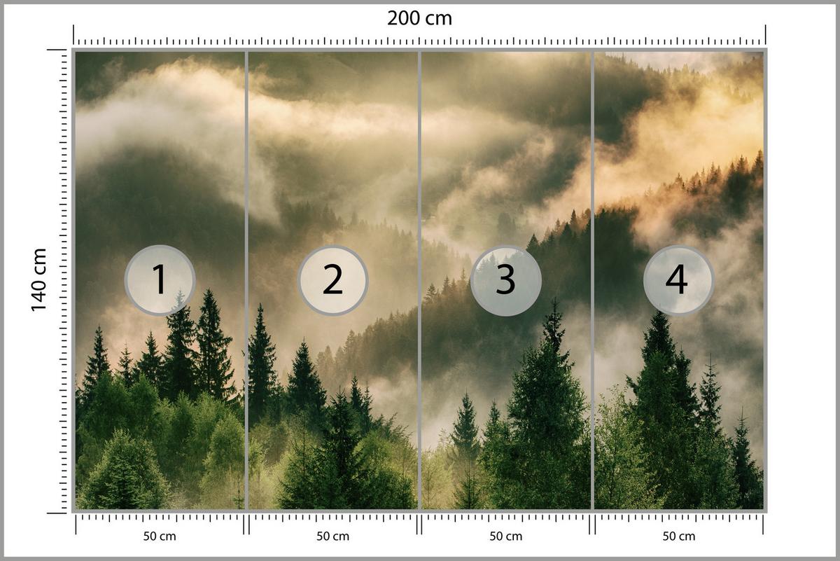 FOTOTAPETE für Wohnzimmer Neblige Landschaft Bergwald Nadelbäume 200x140 - Gelb/Orange, Papier (200/140cm) - Muralo