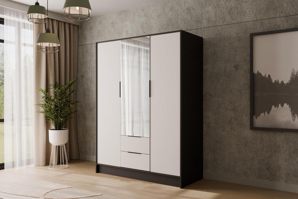 KLEIDERSCHRANK mit Spiegel und Flügeltüren KOLIN 150x200cm Schwarz / Weiß - Schwarz/Weiß, Holzwerkstoff (150/200/51cm) - ALTDECOR
