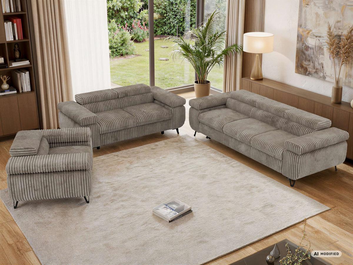 SITZGARNITUR PETER 1+2+3 mit Schlaffunktion - Hellbraun Cord - Hellbraun/Schwarz, Textil/Metall (262/76/99cm) - MKS