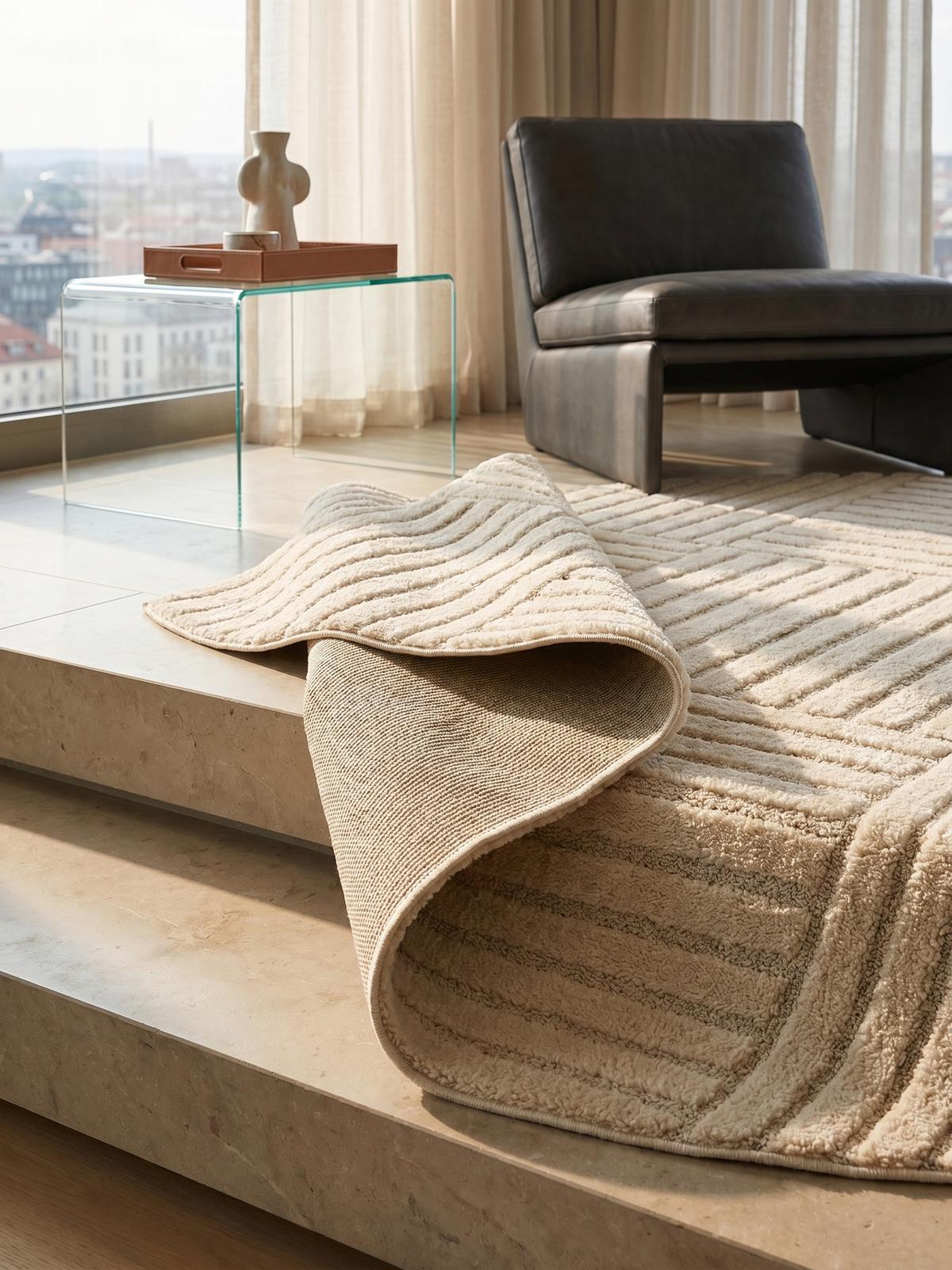 TEPPICH Hochflor RIGI in Creme, mit Cord-Streifen-Patchwork, Ø 200 cm - Beige, Textil (200/200cm) - KADIMA DESIGN