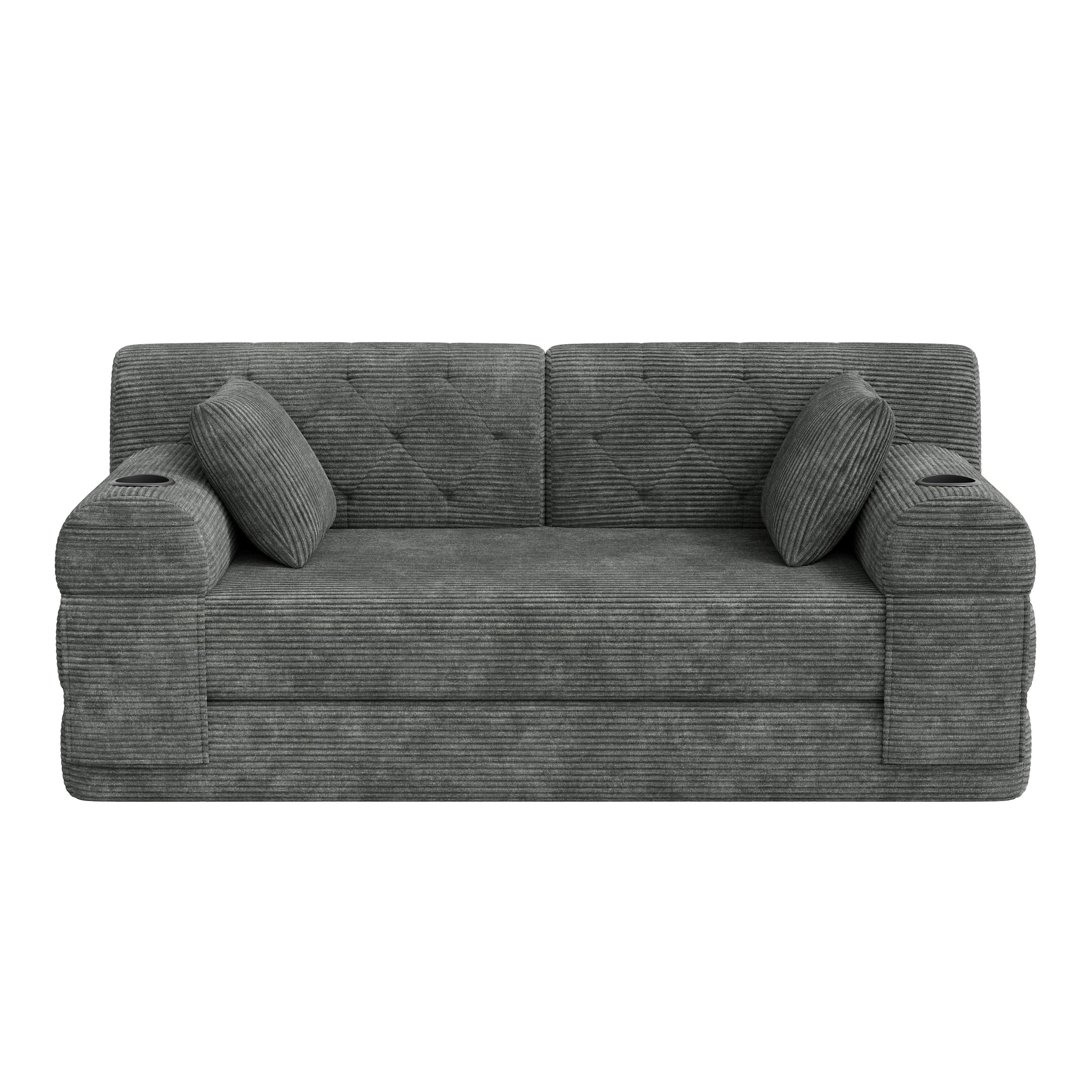 SCHLAFSOFA 2-Sitzer Cord mit Schlaffunktion, Getränkehalter & Taschen - Dunkelgrau, Textil (168/81/80cm) - Urban Meuble