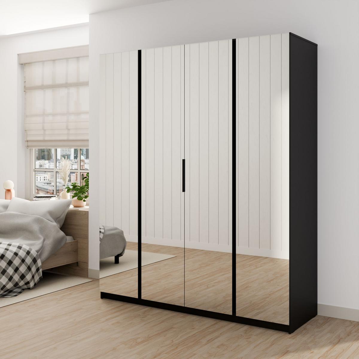 DREHTÜRENSCHRANK CAGLIARI 200/239/61,9cm 4-türig mit Spiegel Schwarz - Goldfarben/Schwarz, Holzwerkstoff (200/239/61.9cm) - MASSENO