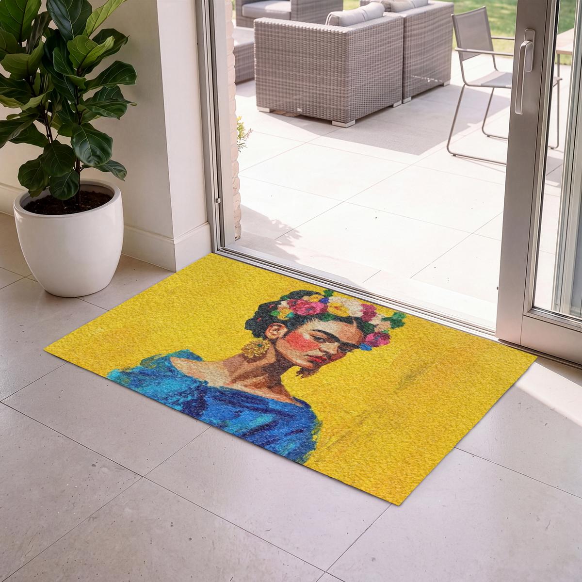 FUSSMATTE Frida Kahlo - Frau - Gelb - Blau - Blumen Schmutzfangmatte 120x80 cm - Gelb, Kunststoff (120/0.4cm) - MuchoWow
