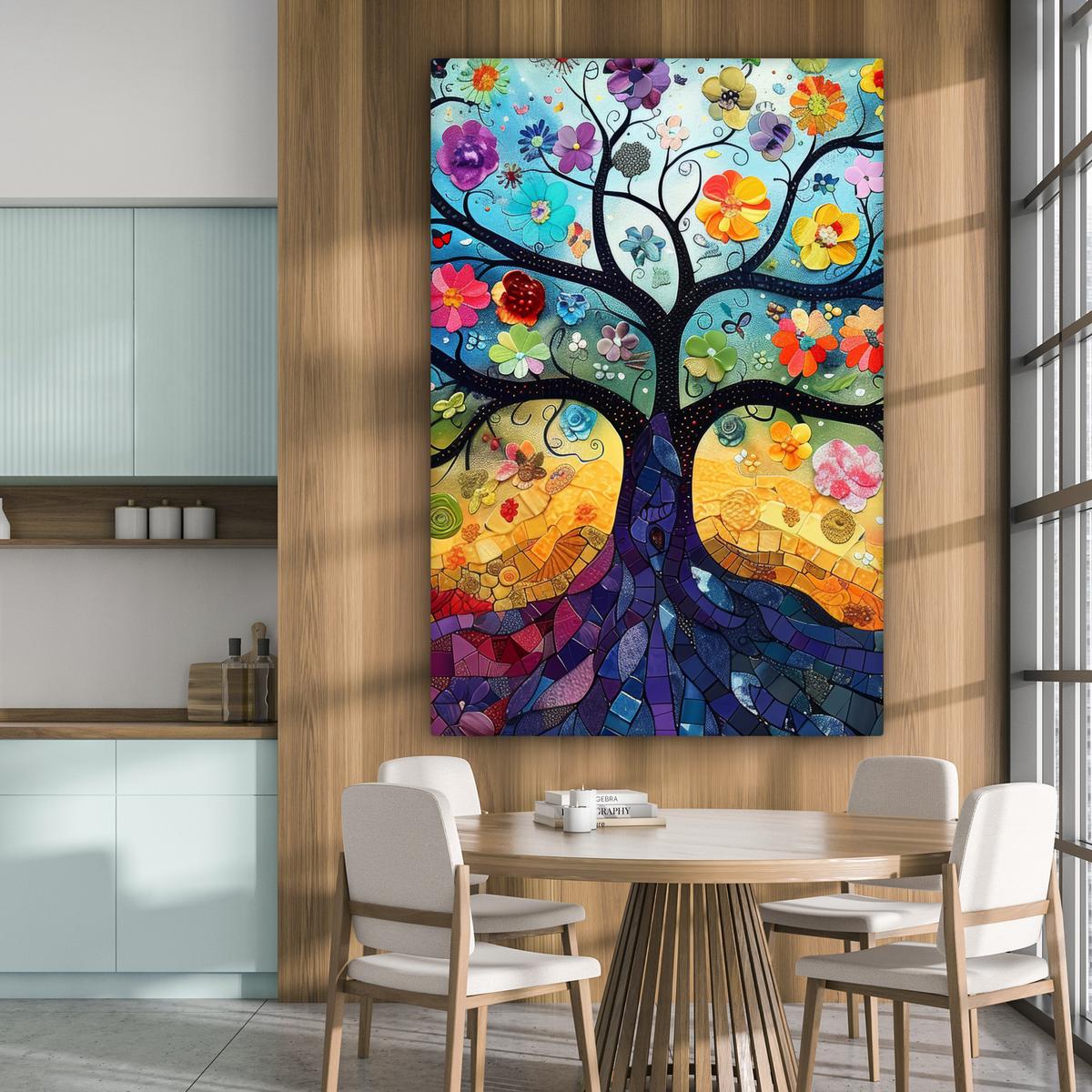 LEINWANDBILD Kunst - Baum des Lebens - Blumen - Hippie Deko Groß 90x140 cm - Dunkelblau, Textil (90/140cm) - MuchoWow