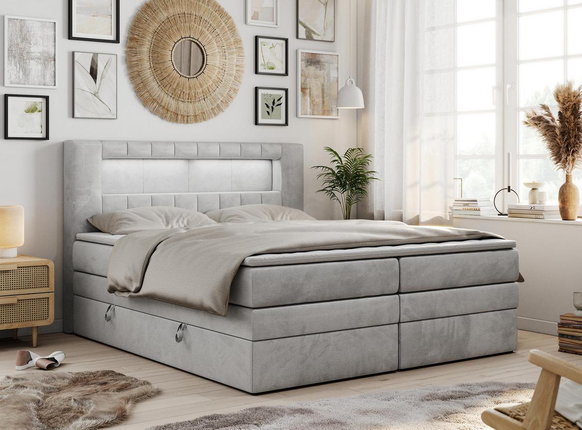 BOXSPRINGBETT GOLD-5 KING LED 200/200 Hellgrau Velvet - H4 - Hellgrau, Holz/Textil (200/200cm) - MKS