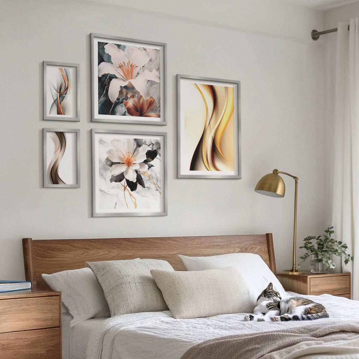 BILDER SET 5er Set - 50x50 cm & 20x30 cm & 40x60 cm Silberner Rahmen - Charmante Straßen und Pizza - Silberfarben, Kunststoff (40/60cm) - TULUP