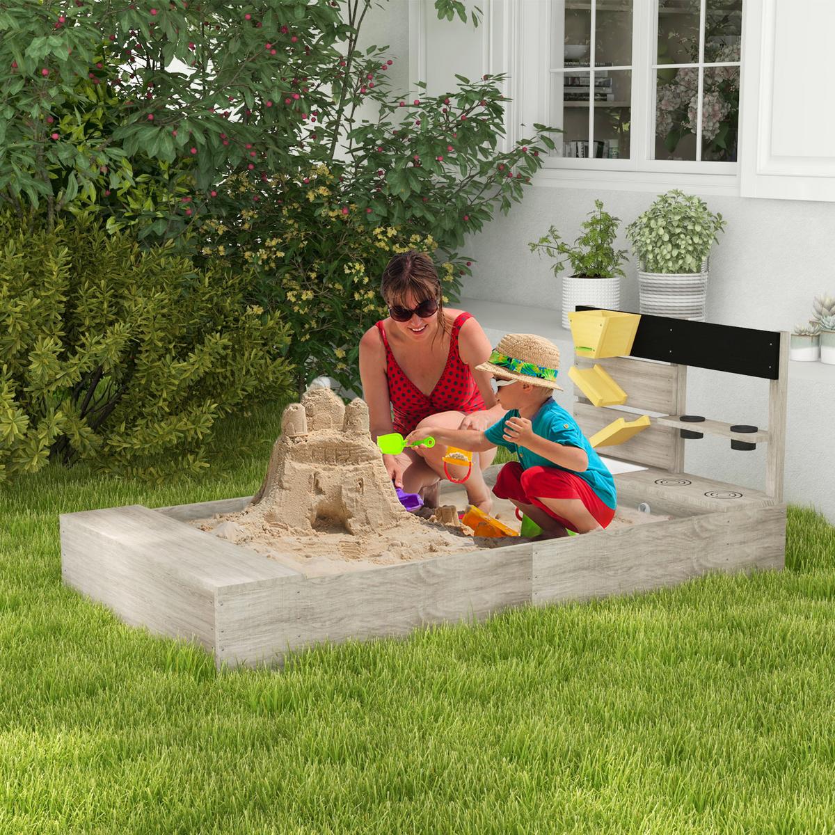 SANDKASTEN 154 x 80 x 60 cm Sandkiste aus Holz mit Küchenelementen Grau - Grau, Holz (154/80/60cm) - Outsunny