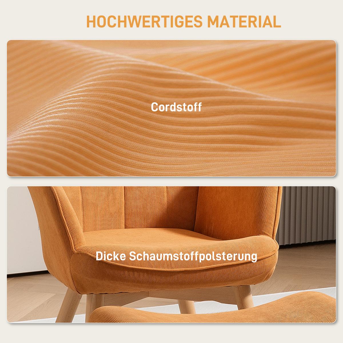 SESSEL mit Hocker, Ohrensessel mit Hoher Rückenlehne, Holzbeine, Cord, Braun - Buchefarben/Bernsteinfarben, Buchenholz/Textil (80/101/72cm) - HOMCOM