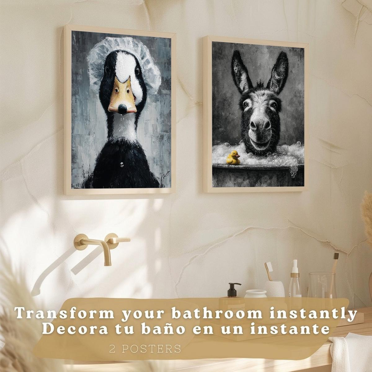 POSTER 2er-Set dekorative Badezimmer-Kunstdrucke, lustige für Wand, Waschbecken, Dusche, Toilette und mit Tieren in der Badewanner, Stil Rahmenlos A3 - Klar, Papier (42/29.7/3cm) - Nacnic