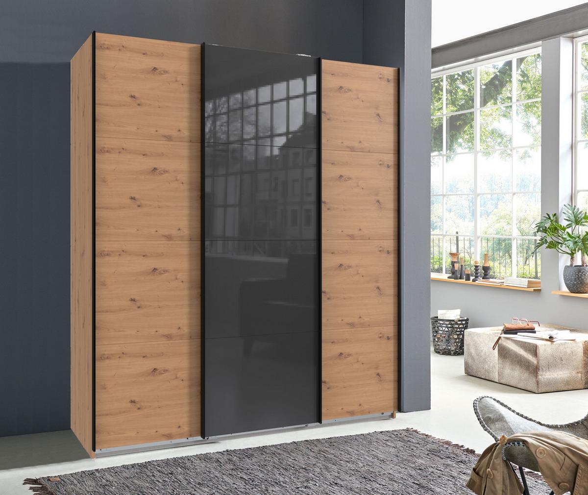 SCHWEBETÜRENSCHRANK 3-türig B180/H208/T64 cm in Eiche Artisan Dekor, Kleiderschrank mit einer Glasfront-Tür in Grau / 22517 - Eichefarben/Braun, Holzwerkstoff/Metall (180/208/64cm) - luma-home