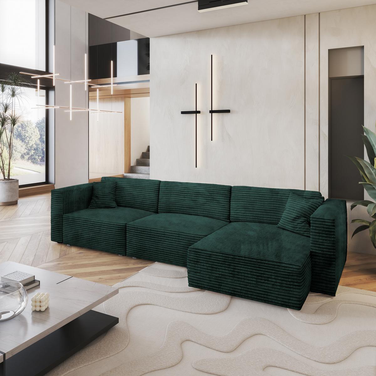 ECKSOFA TOLMO Grün Kordstoff mit Schlaffunktion - Grau/Grün, Holz/Kunststoff (347/148cm) - MASSENO