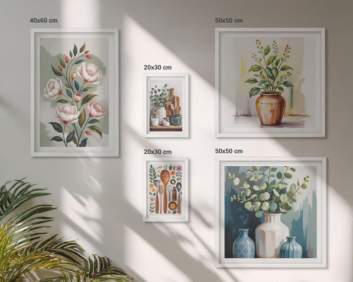 BILDER SET 5er Set - 50x50 cm & 20x30 cm & 40x60 cm Weißer Rahmen - Blumen und Früchte in Vasen - Weiß, Kunststoff (40/60cm) - TULUP