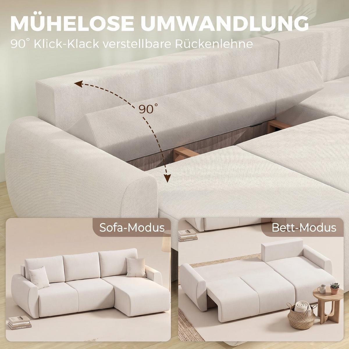 SCHLAFSOFA Veloursbezug Cremeweiß - Creme/Weiß, Holzwerkstoff/Kunststoff (140/86/250cm) - HOMCOM