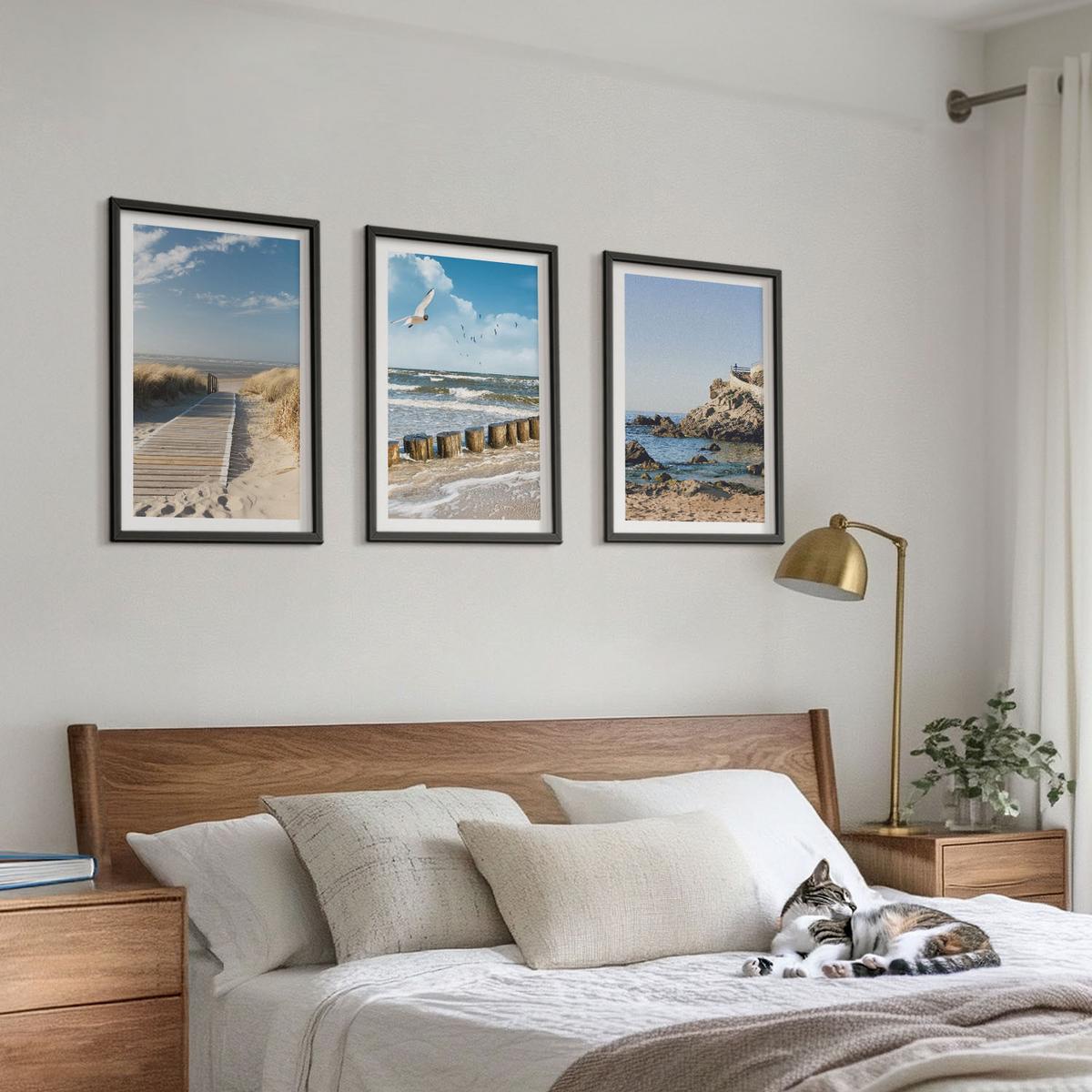 BILDER SET 3er Set - 40x60 cm Schwarzer Rahmen - Strand Holzsteg Klippen - Schwarz, Kunststoff (40/60cm) - TULUP