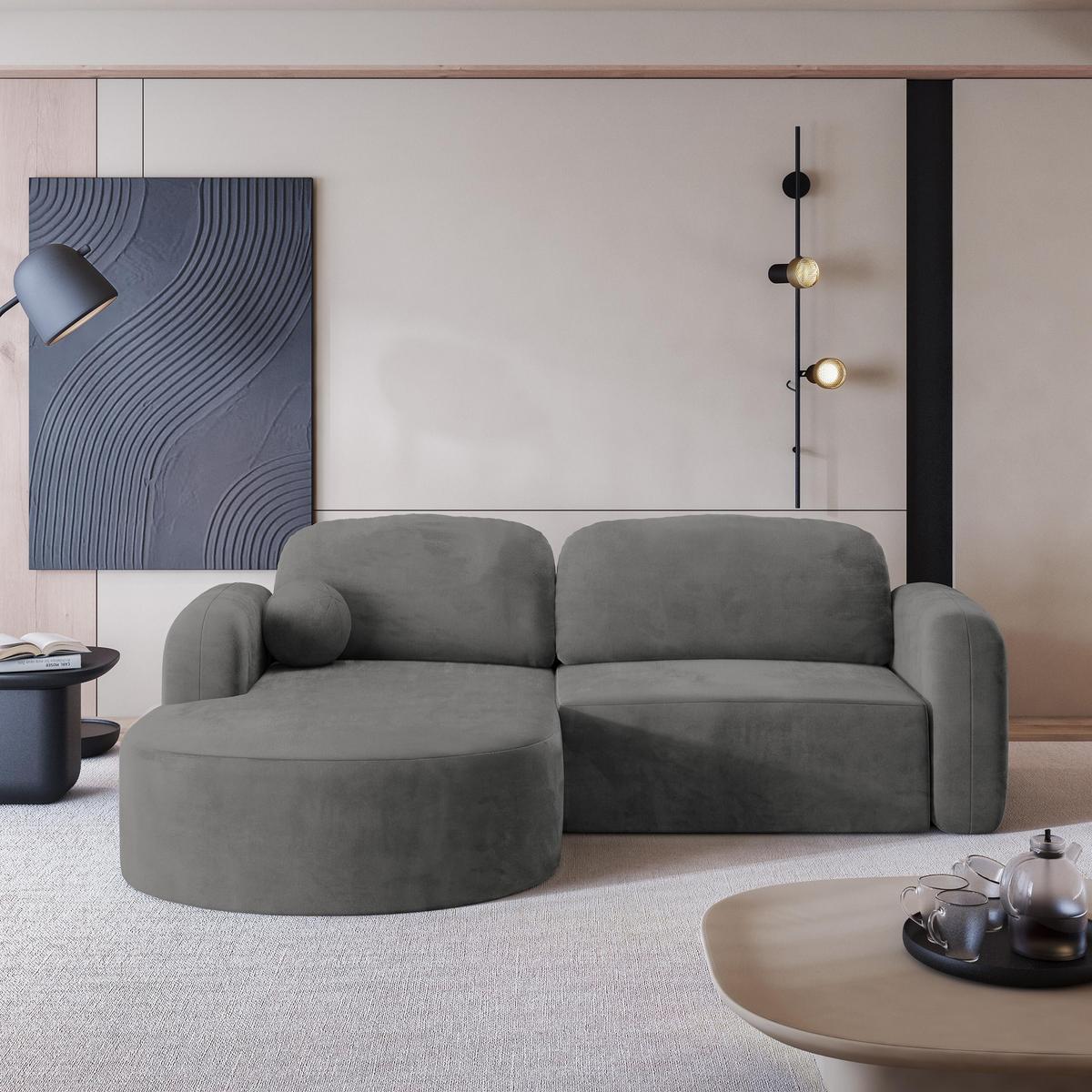 ECKSOFA AMILIA M L-S Grau Velours-Stoff mit Schlaffunktion - Grau, Holz (263/174cm) - MASSENO