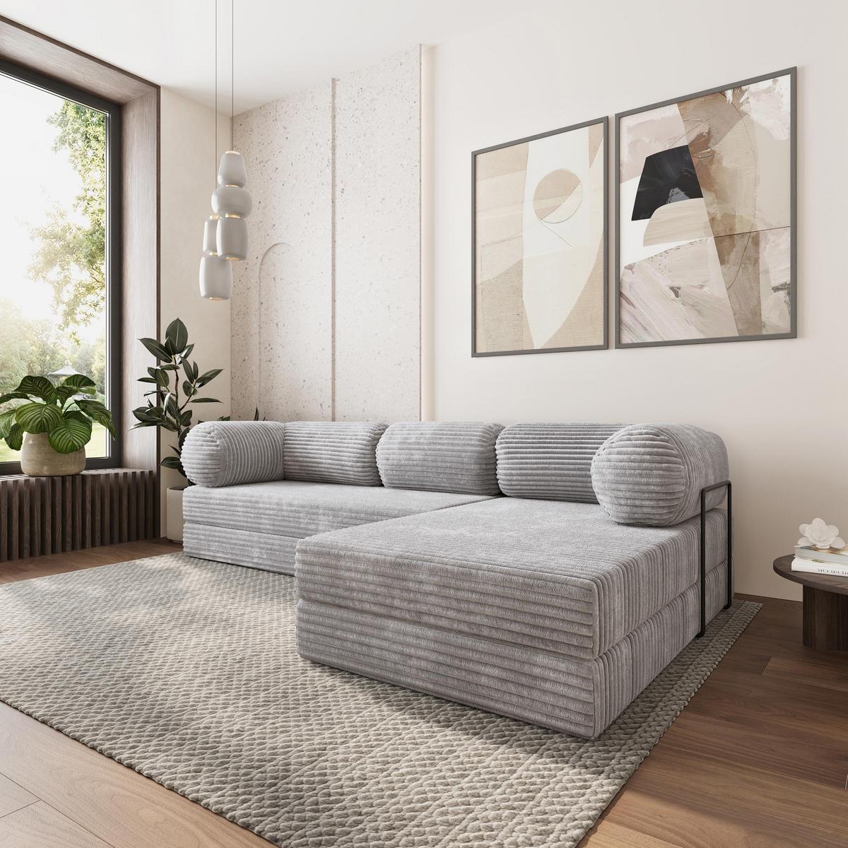 ECKSOFA ETERA modulares Boneless Sofa mit Schlaffunktion Hellgrau Kordstoff - Grau, Textil (270/160cm) - MASSENO
