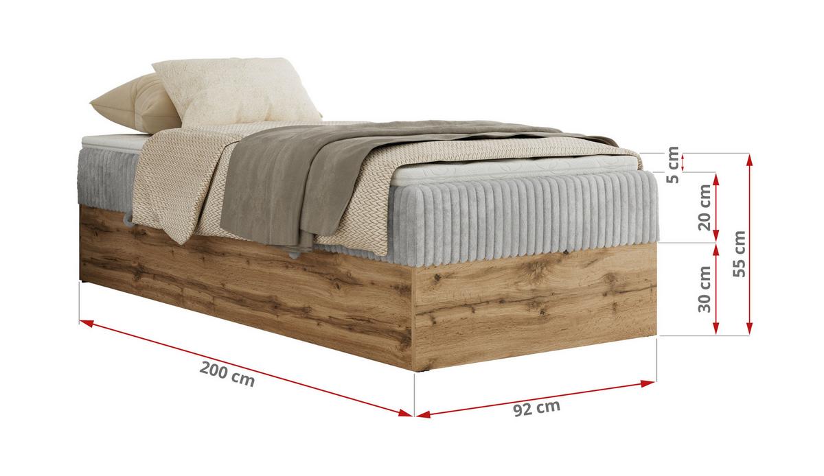 BOXBETT WOOD ZERO 90/200 - Hellgrau Cord - H4 - Topper Visco - Hellgrau, Textil (90/200cm) - MKS