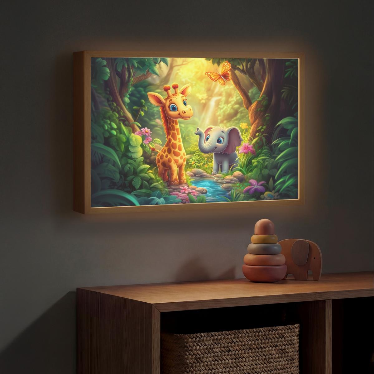 WANDLEUCHTE MIT AKKU Giraffe - Elefant - Blumen - Dschungel 60x40 cm - Grün, Holzwerkstoff (60/40/8cm) - OnlyWow