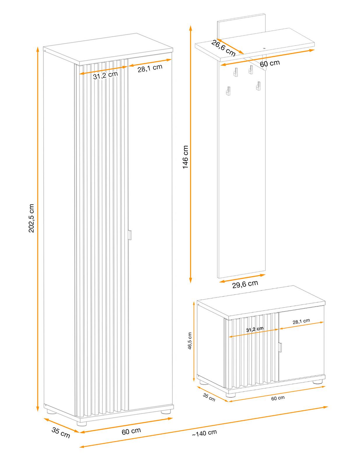 GARDEROBE Set 3-teilig Eiche Jackson, schwarz 140 cm, Garderobenkombination mit 3D-Lamellen - Eichefarben/Schwarz, Holzwerkstoff/Kunststoff (130/202/35cm) - Furn.Design