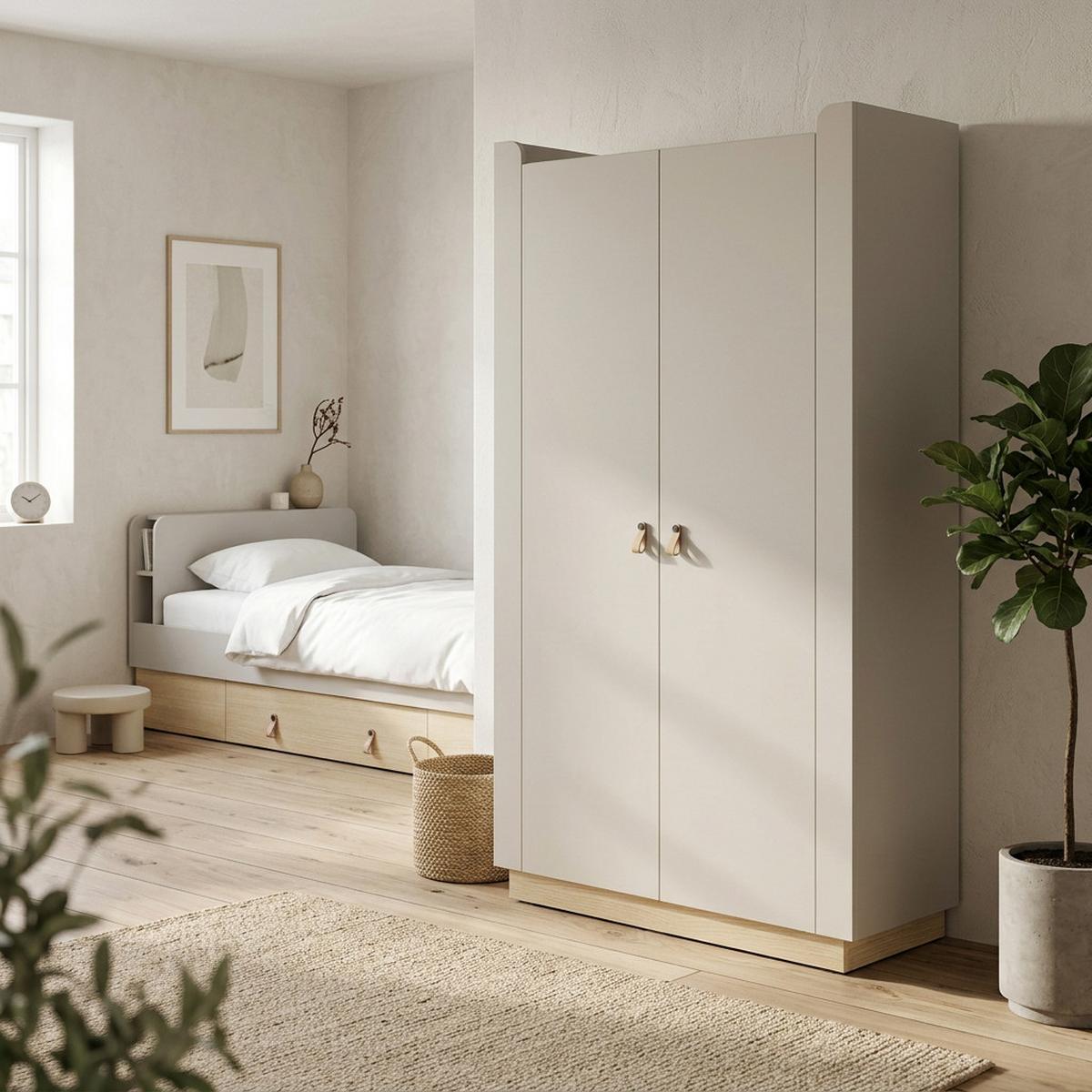 DREHTÜRENSCHRANK Sorella, 2-türig, 110 cm, für Jugendzimmer, Macadamia + Eiche Mavelie - Eichefarben/Beige, Leder/Holzwerkstoff (110/201/52cm) - Beautysofa