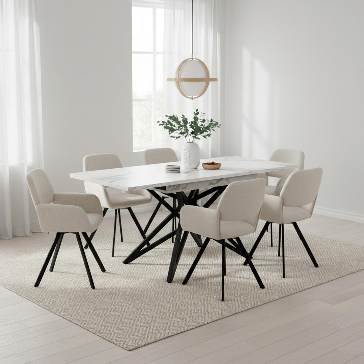 TISCHGRUPPE 7-teilig Ausziehtisch Marmoroptik Weiß & 6x 360° Drehstühle mit Armlehnen - Schwarz/Weiß, Holzwerkstoff/Textil (160/66/80cm) - Urban Meuble