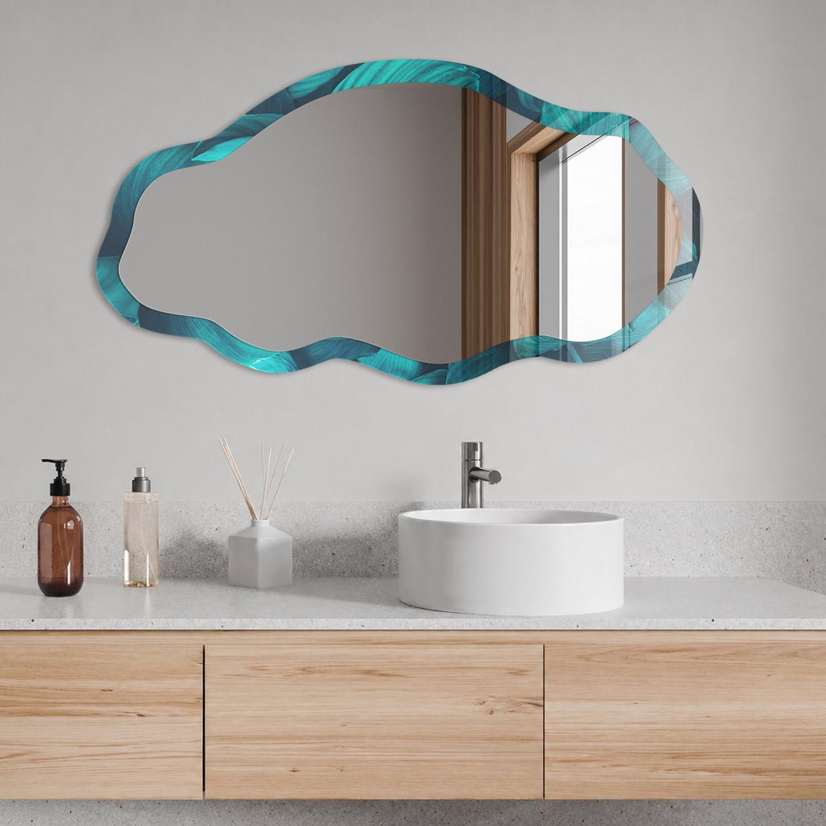 SPIEGEL 90x45 cm asymmetrisch mit Druck - Türkisfarbene Blätter - Transparent, Glas (45/90/0.4cm) - TULUP