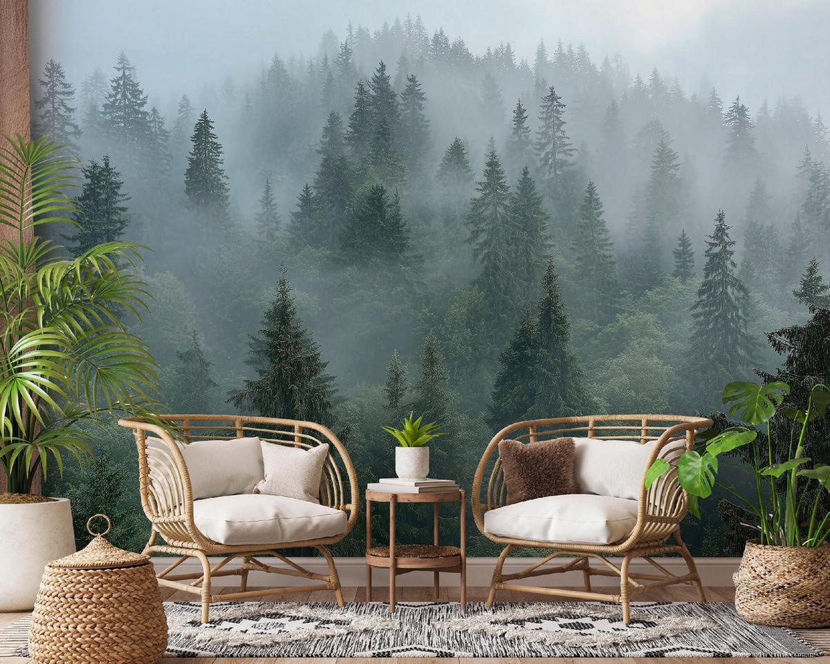FOTOTAPETE Wald Nebel 3D Effekt Natur Wohnzimmer 200x140 - Multicolor, Papier (200/140cm) - Wallarena