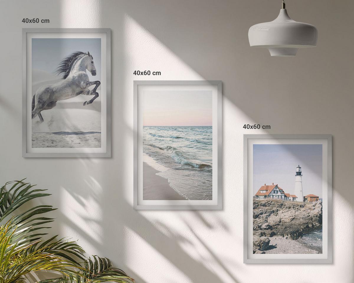 BILDER SET 3er Set - 40x60 cm Silberner Rahmen - Pferde, Strand, Leuchtturm, Wellen - Silberfarben, Kunststoff (40/60cm) - TULUP