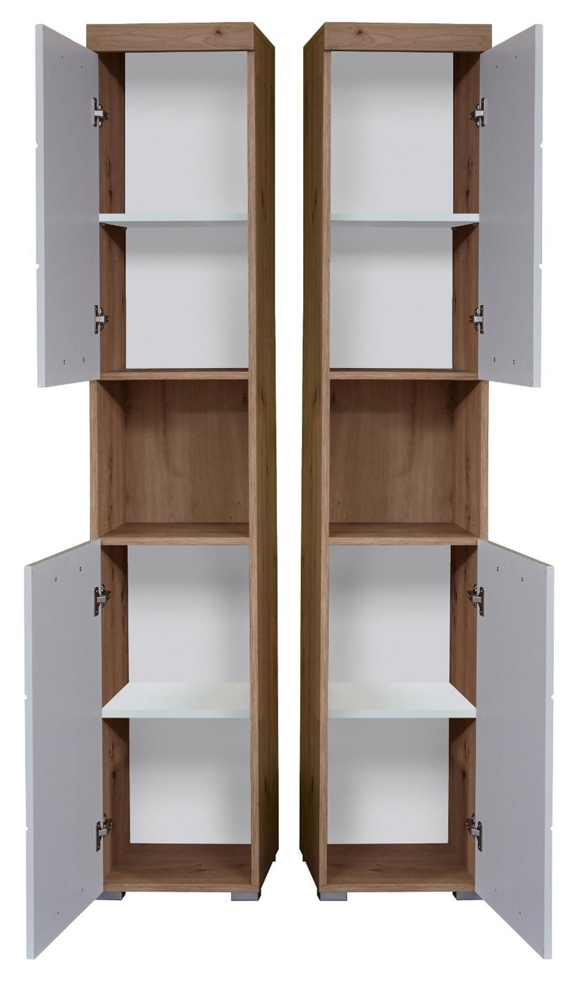 HOCHSCHRANK weiß Hochglanz, Asteiche 37 cm, Badschrank in modernem Design - Eichefarben/Weiß, Holzwerkstoff/Kunststoff (37/190/31cm) - Top.Furn