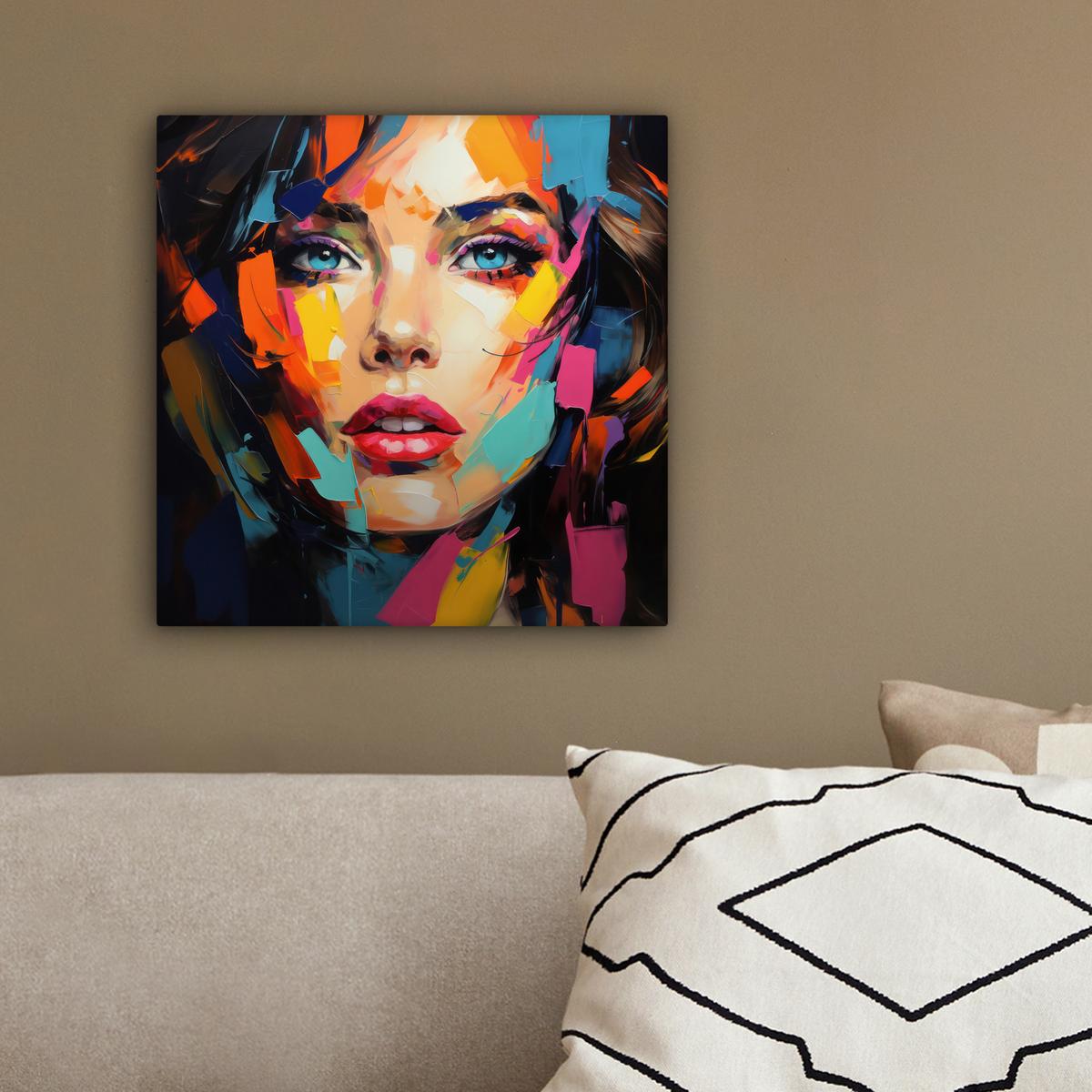 LEINWANDBILD Frau - Porträt - Farbenfroh - Kunst Deko Wohnzimmer 20x20 cm - Multicolor, Textil (20/20cm) - MuchoWow