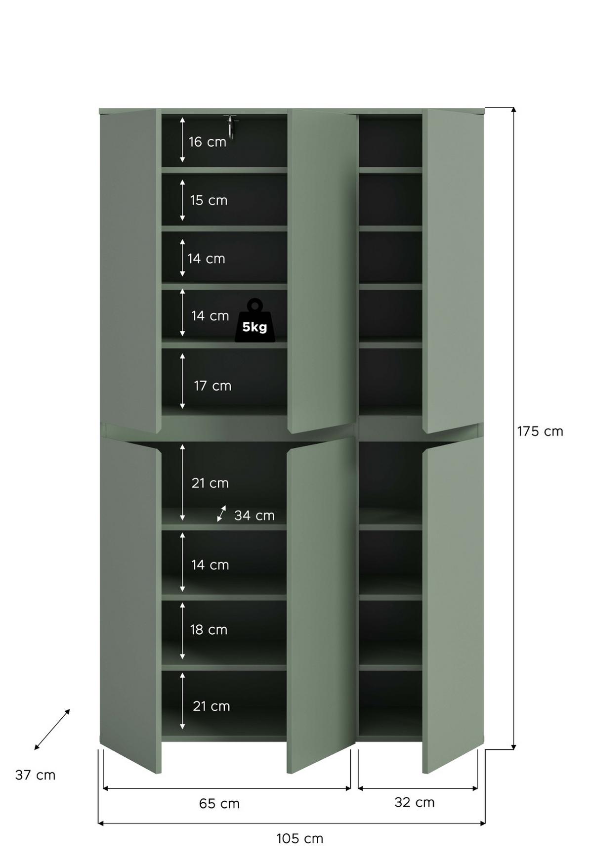 MEHRZWECKSCHRANK grün 105 x 175 cm, Stauraumschrank 6-türig mit 18 Fächern - Schwarz/Grün, Holzwerkstoff/Kunststoff (105/175/37cm) - Inn.Furn