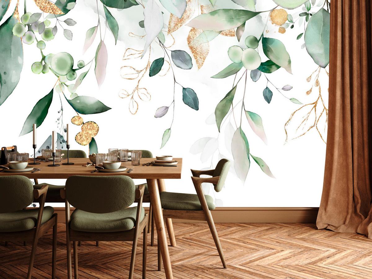 FOTOTAPETE für Schlafzimmer Aquarell Blätter Eukalyptus Weiß 500x350 - Gelb/Weiß, Papier (500/350cm) - Muralo